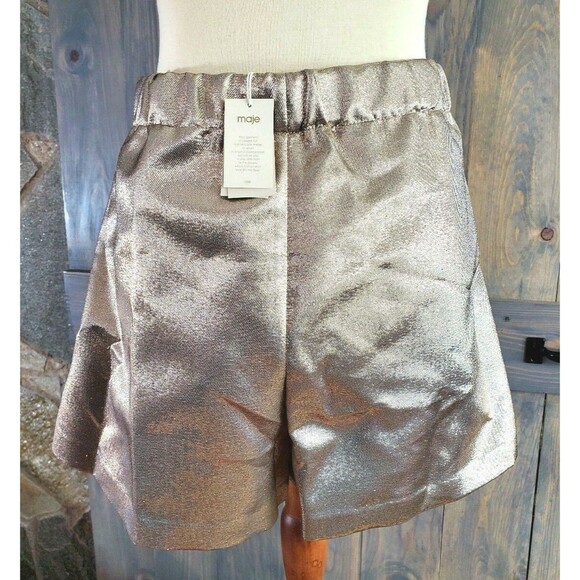 Maje Ilur Metallic High-rise Silk-blend Shorts In Gold Size 36 $295 - Picture 3 of 12